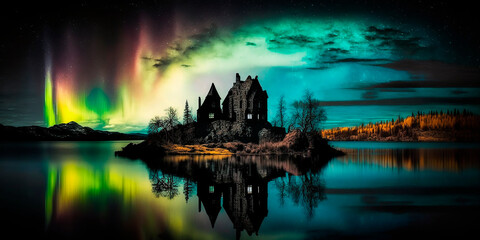Fototapeta premium The old castle at night in the distance in the light of the moon and the northern lights, a magical dark palace. Generative AI