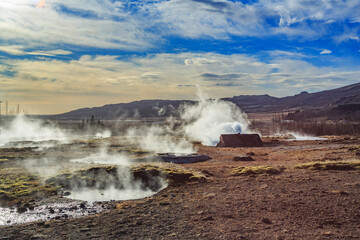 Geyser springs in Iceland in winter.