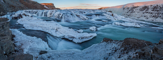 View of Gullfoss at sunset in winter, Iceland