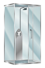Shower cabin. Elegant bathroom element for bath room interior. Realistic vector cabin with transparent glass doors and modern shower system