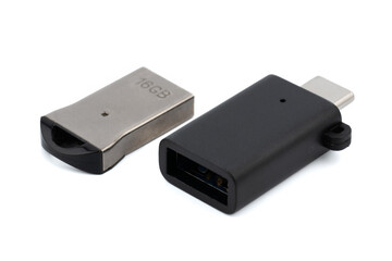 A close up of USB OTG. Type C to Type A adapters with isolated on a white background. technology...