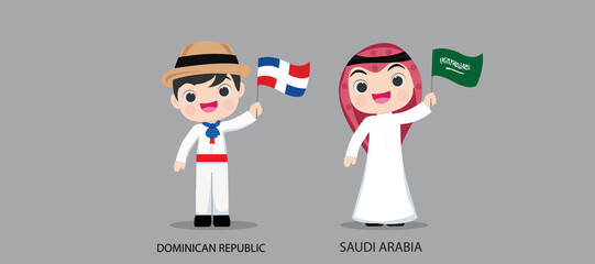 Obraz na płótnie Canvas People in national dress.Dominican Republic,Saudi Arabia,Set of pairs dressed in traditional costume. National clothes. illustration.