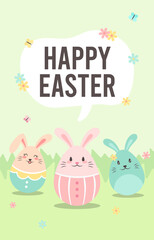 Obraz na płótnie Canvas Happy Easter Good Friday theme illustration. Easter bunny eggs, flower decoration cartoon talking speech bubble in green field background.