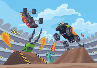 Jumping monster truck show. Bright colorful cartoon auto with big wheels. Car with large tires for rally 4x4 computer or mobile game. Vector cartoon illustration © the8monkey