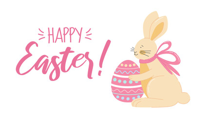 Happy Easter postcard with a cute Easter Bunny holding colorful egg. Holiday spring flat style vector illustration.