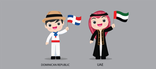 People in national dress.Dominican Republic,UAE,Set of pairs dressed in traditional costume. National clothes. illustration.