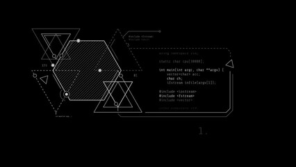 Looped animation of abstract code and geometric shapes HUD element.