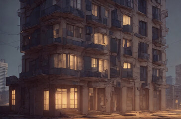 Fototapeta premium Residential multi-storey building in abstract style. High - rise dwelling on city street at night. Generative AI.