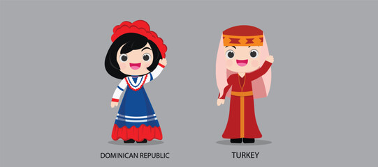 People in national dress.Dominican Republic,Turkey,Set of pairs dressed in traditional costume. National clothes. illustration.