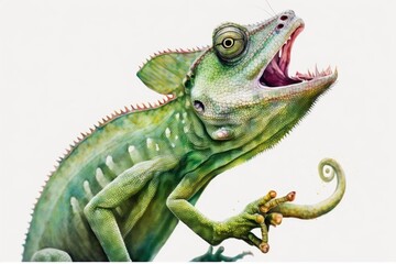 Cartoon green chameleon with a lengthy tongue, painted in watercolor and set against a white background. Generative AI