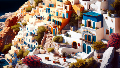 Lovely greek village. ai llustration, fantasy digital painting, artificial intelligence artwork