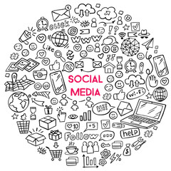 Banner of social media doodle on white background. Internet doodles. Vector illustration.
