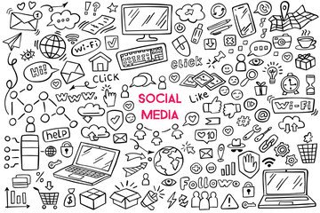 Set of social media doodle on white background. Social media design elements. Internet doodles. Vector illustration.