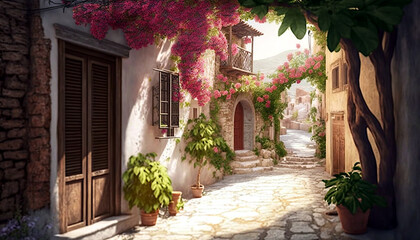 Fototapeta na wymiar Lovely greek village. ai llustration, fantasy digital painting, artificial intelligence artwork