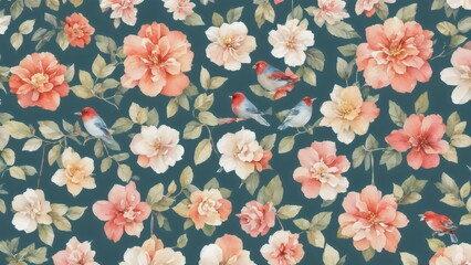 Obraz premium Blue green background and red pink roses and birds. Floral pattern. Illustration