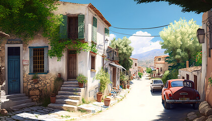 Lovely greek village. Ai llustration, fantasy digital painting, artificial intelligence artwork