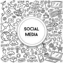 Banner of social media doodle on white background. Internet doodles. Vector illustration.