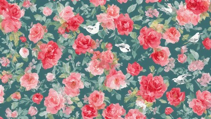 Red and pink flowers on Green turquoise background. Watercolor painting wallpaper template. Generative AI