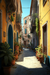 Fototapeta na wymiar Lovely italian village. Ai llustration, fantasy digital painting, artificial intelligence artwork