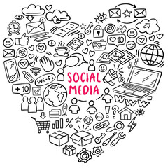 Banner of social media doodle on white background. Internet doodles. Vector illustration.