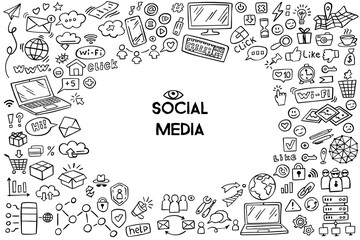Banner of social media doodle on white background. Internet doodles. Vector illustration.