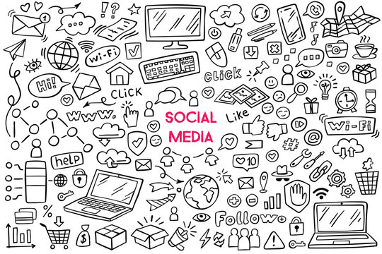 Set of social media doodle on white background. Social media design elements. Internet doodles. Vector illustration.