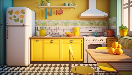 A bright and cheerful kitchen with a retro-inspired design. The room features a colorful tiled backsplash and vintage appliances. The walls are painted in a sunny yellow color, generative ai - obrazy, fototapety, plakaty