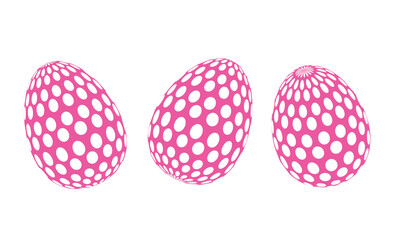 Huevo de pascua rosado en tres posiciones diferentes, con diseño decorativo en blanco, sin fondo.