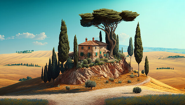 Tuscany landscape. Ai llustration, fantasy digital painting, artificial intelligence artwork