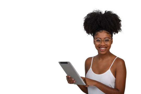  woman with a tablet computer, smiling looks at the camera