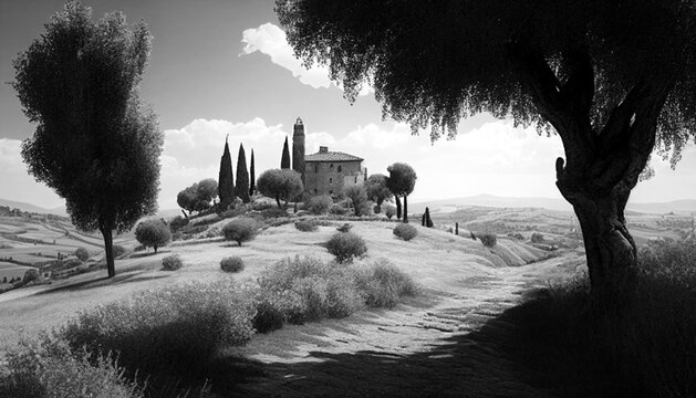 Tuscany landscape. Ai llustration, fantasy digital painting, artificial intelligence artwork. Black and white