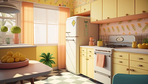 A Bright And Cheerful Kitchen With A Retro-inspired Design. The Room Features A Colorful Tiled Backsplash And Vintage Appliances. The Walls Are Painted In A Sunny Yellow Color, Generative Ai