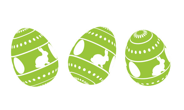 Huevo de pascua verde con dise&ntilde;o de conejitos blancos, en tres posiciones diferentes, sin fondo.