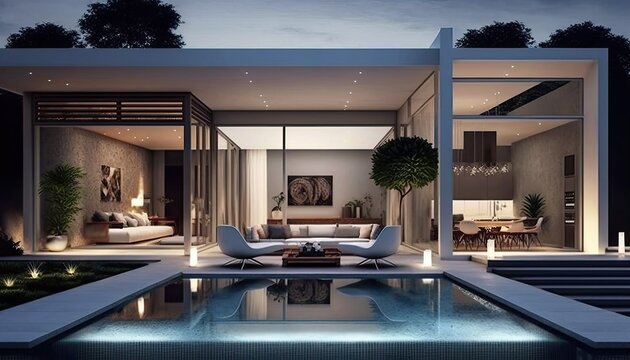 A chic and modern outdoor pool area with a sleek design generative ai