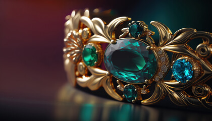 Abstract jewellery background with shiny green emerald gemstone. Horizontal background with copy space. AI generative image.