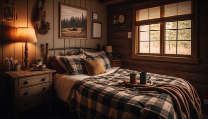 A cozy bedroom with a rustic cabin vibe. The room features a wooden bedframe and nightstand, with plaid textiles and cozy blankets. The walls are painted  warm beige color, with vintage generative ai