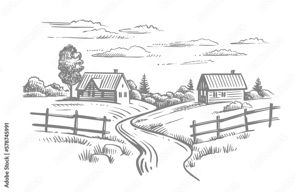 Wall mural village houses sketch. rural landscape countryside.