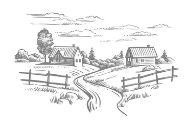 Village houses sketch. Rural landscape countryside.