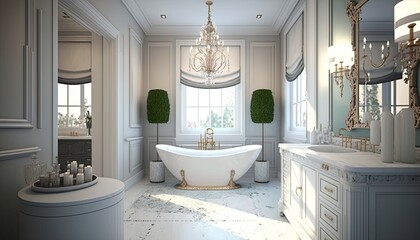 A luxurious spa bathroom with a freestanding tub, unique countertops, and a chandelier. The mood is elegant and serene generative ai