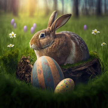 easter bunny with easter eggs in the grass. generative ai