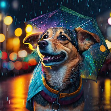 dog with umbrella at night and rainy weather. generative ai
