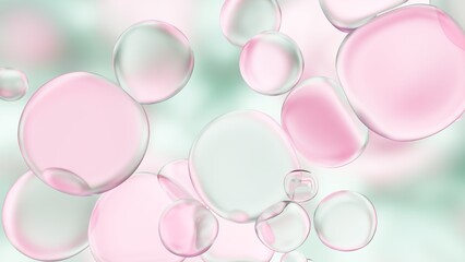 3Dレンダリングの透明感あるバブル, フローラルな背景, コスメ ローズウォーター ピンク スキンケア