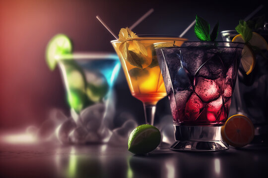 Different cocktails on counter with blurred bar background. AI generative images.