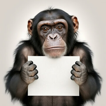 Funny anthropomorphic chimpanzee monkey businessman in suit holding empty clean white sign with copy space. AI generative image.