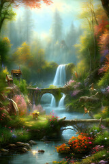 Beautiful Fantasy Spring Forest and Waterfall Nature Scenery