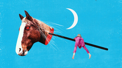 Contemporary surreal art collage with sleeping tired woman and horse head over blue sky background....