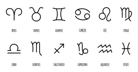 Zodiac icon set. A set of black horoscope, astrology symbols.