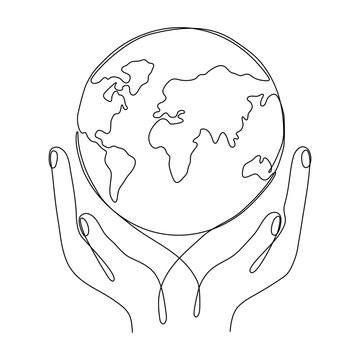 recommend clip art: Human hands holding Earth globe continuous line art drawing. Save planet linear concept. Vector illustration isolated on white.