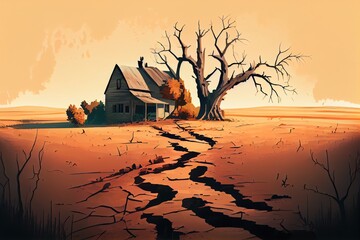 Abandoned Farm In The Middle Of Dried Agricultural Fields With Cracked Soil And Trees. Drought Ecological Problem Concept. Illustration. Generative AI - obrazy, fototapety, plakaty