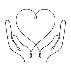 Continuous one line art drawing hands holding heart. Charity donation linear symbol. Vector illustration isolated on white.